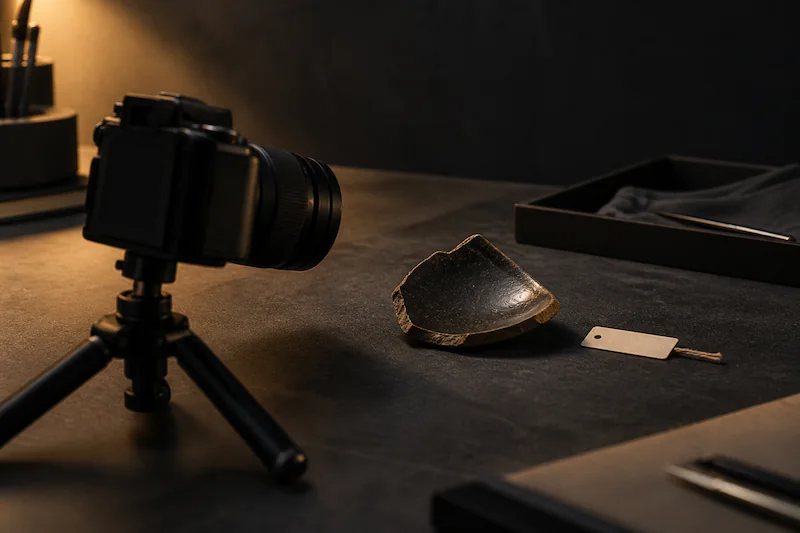 A photographic record of a damaged piece, as a metaphor for the collection of evidence.