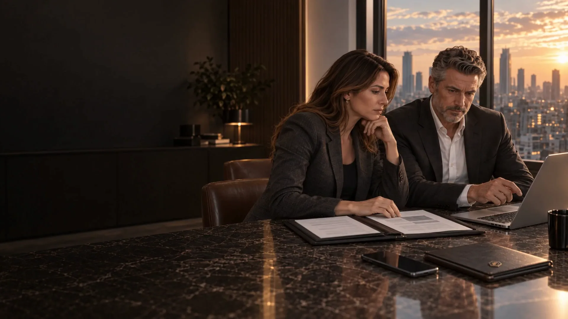 Two people review documents and a laptop at a dark table, with the city at sunset behind them.