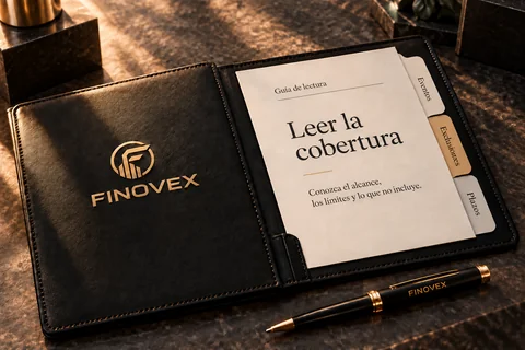 Carpeta de lectura con una hoja y pestañas sobre eventos, exclusiones y plazos de cobertura.