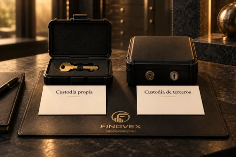 Dos cajas y llaves ilustran la comparación entre custodia propia y de terceros.