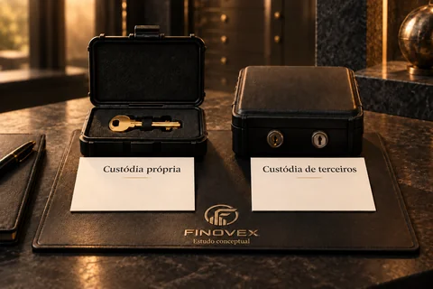 Duas caixas e chaves ilustram a comparação entre custódia própria e de terceiros.