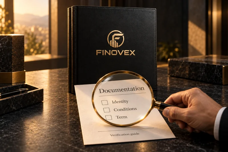 Dossier and magnifier accompany a conceptual guide for checking identity, conditions and term.