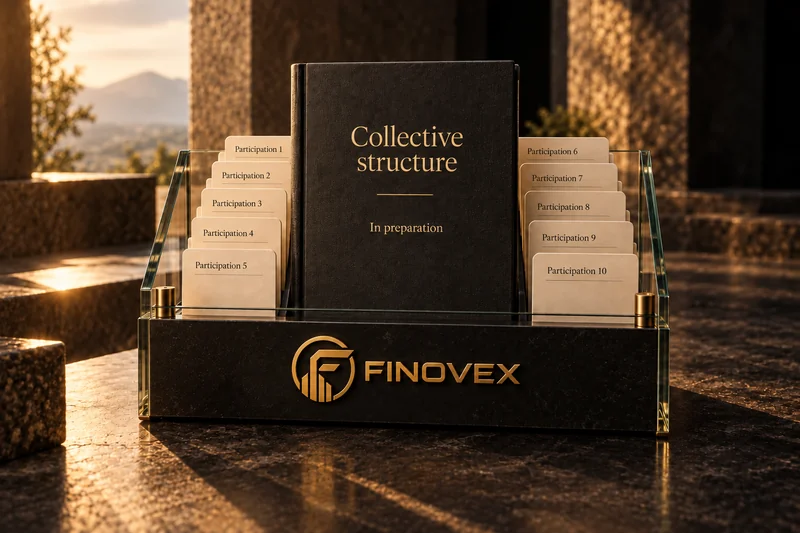 Volume about a collective structure in preparation, between ten numbered participation cards on a glass stand bearing the FINOVEX brand.