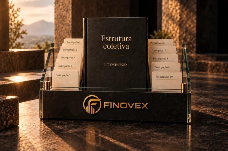 Volume sobre estrutura coletiva, em preparação, entre dez fichas de participação numeradas, numa base de vidro com a marca FINOVEX.