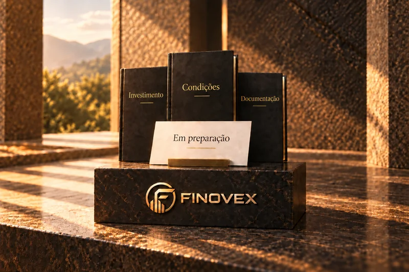Três volumes sobre investimento, condições e documentação, com um cartão a indicar preparação, sobre uma base de pedra FINOVEX.
