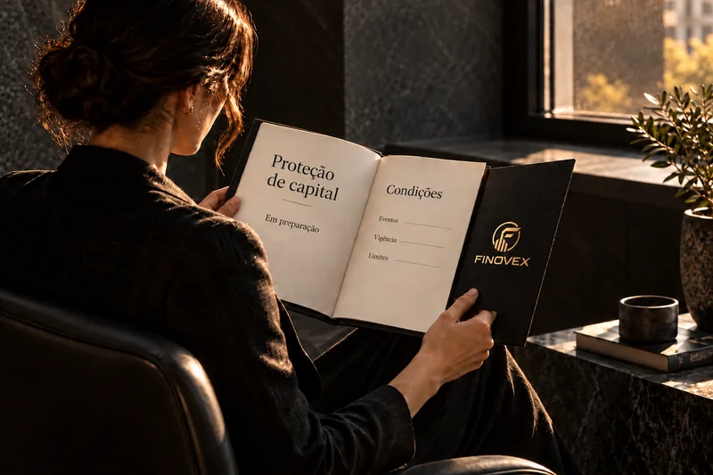 Pessoa a ler um guia conceptual sobre proteção de capital, condições, vigência e limites.