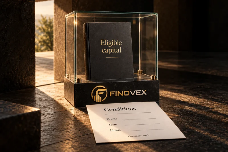 A glass layer surrounds a volume about eligible capital beside a conditions sheet, in a conceptual composition.