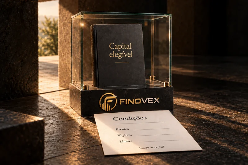 Uma camada de vidro envolve um volume sobre capital elegível, junto a uma folha de condições, numa composição conceptual.