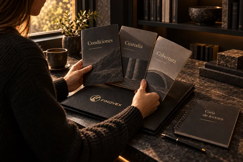 Persona organiza guías de lectura sobre condiciones, custodia y cobertura en una carpeta FINOVEX.