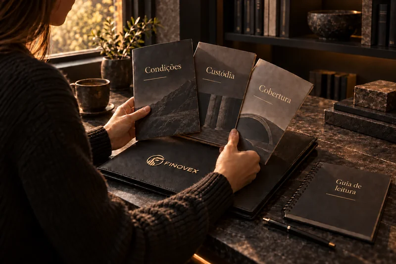 Pessoa organiza guias de leitura sobre condições, custódia e cobertura numa pasta FINOVEX.