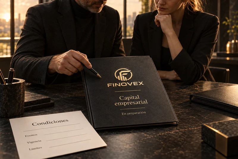 Dos personas revisan un expediente conceptual de capital empresarial y condiciones, en preparación.
